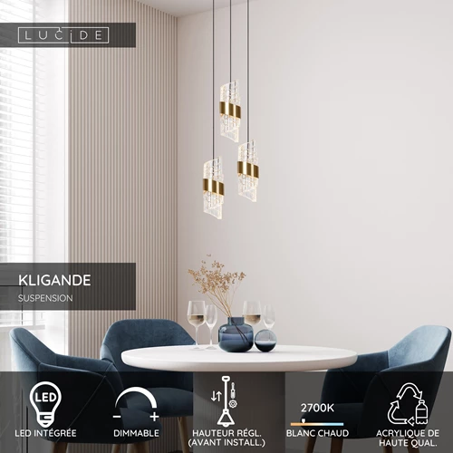 Lucide KLIGANDE - Suspension - Ø 25 cm - LED Dim. - 3x8W 2700K - Or Mat / Laiton - USP